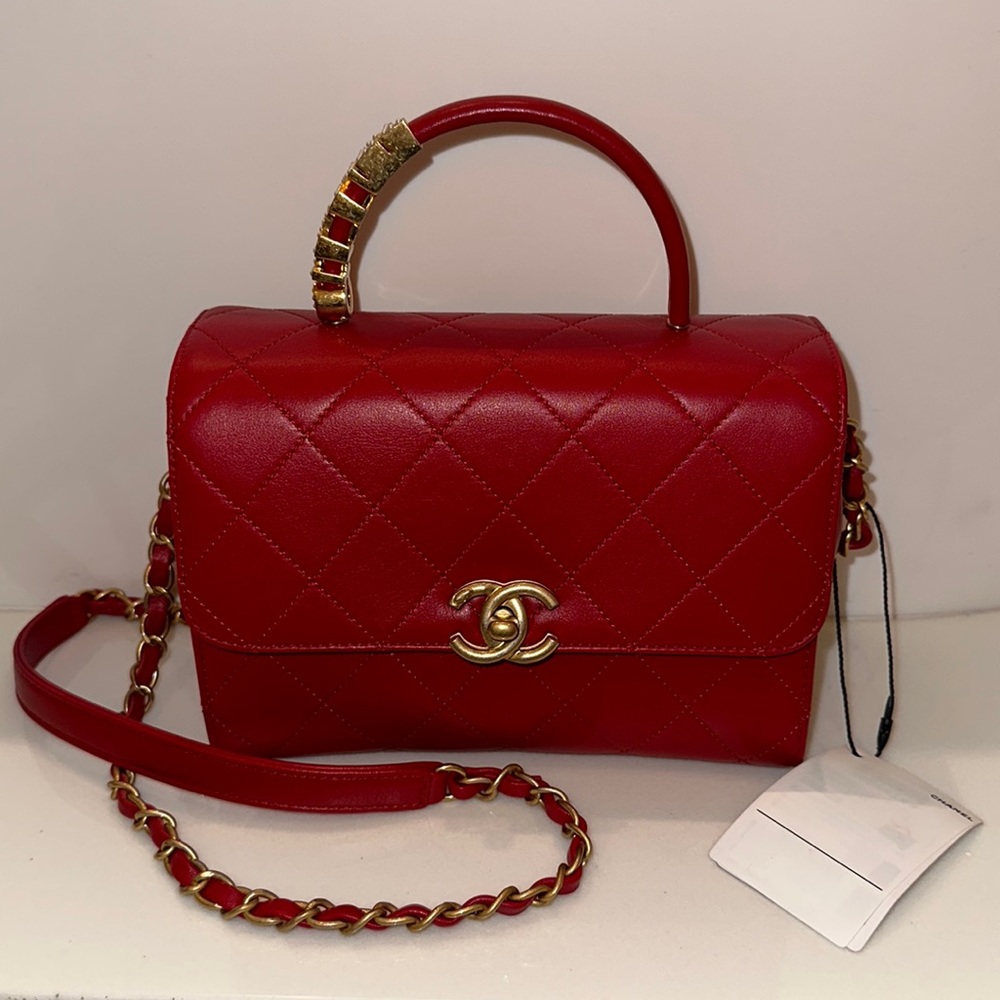 CHANEL Pearl Logo Top Handle Flap Bag